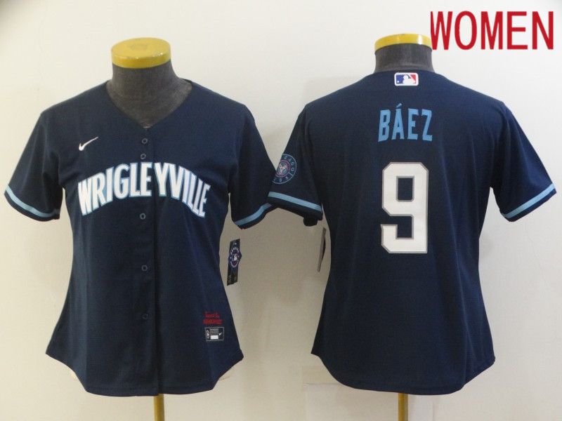 Women Chicago Cubs 9 Baez City Edition Blue Game Nike 2021 MLB Jersey